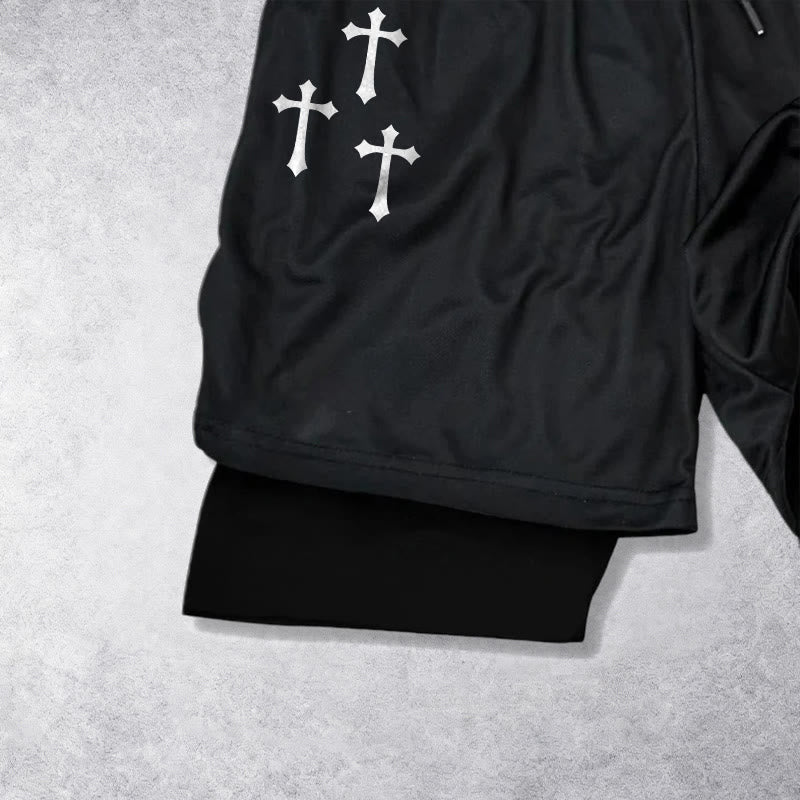 Christianartworkshop Triple Cross Outer Cherub Angel Sculpture Inner Two-Layer Drawstring Faith Shorts