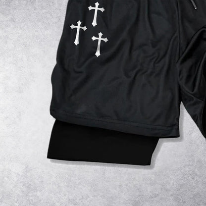 Christianartworkshop Triple Cross Outer Cherub Angel Sculpture Inner Two-Layer Drawstring Faith Shorts