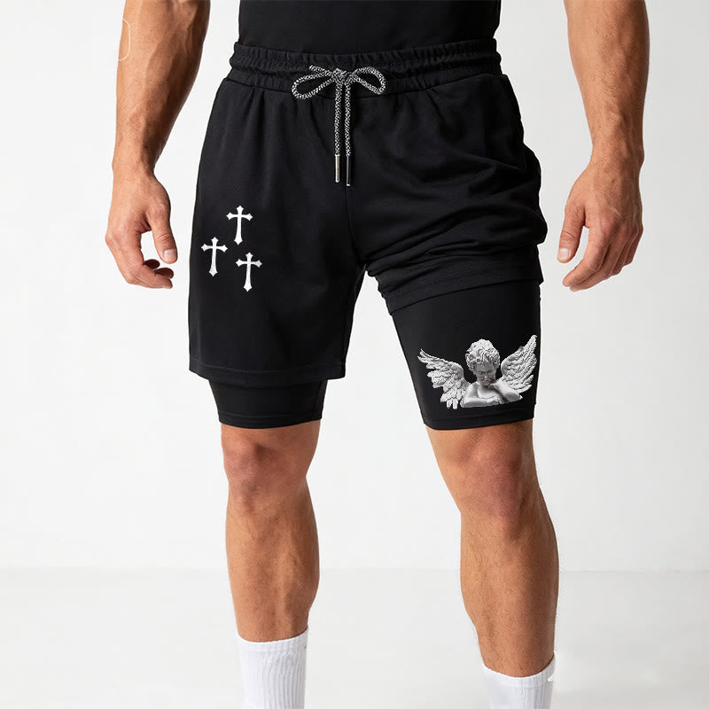 Christianartworkshop Triple Cross Outer Cherub Angel Sculpture Inner Two-Layer Drawstring Faith Shorts