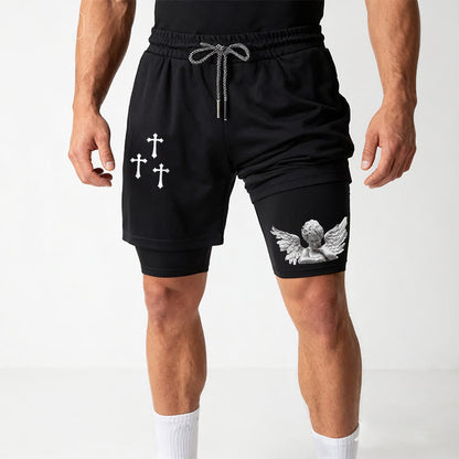 Christianartworkshop Triple Cross Outer Cherub Angel Sculpture Inner Two-Layer Drawstring Faith Shorts