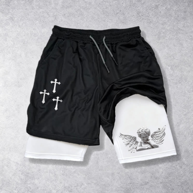 Christianartworkshop Triple Cross Outer Cherub Angel Sculpture Inner Two-Layer Drawstring Faith Shorts