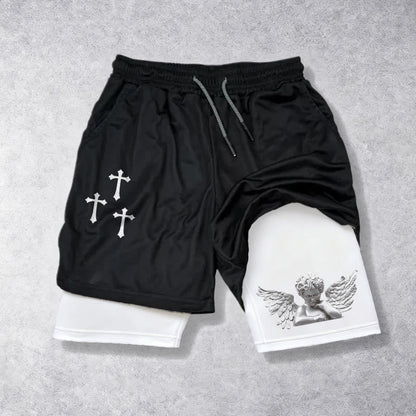 Christianartworkshop Triple Cross Outer Cherub Angel Sculpture Inner Two-Layer Drawstring Faith Shorts