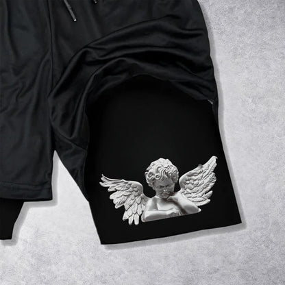 Christianartworkshop Triple Cross Outer Cherub Angel Sculpture Inner Two-Layer Drawstring Faith Shorts
