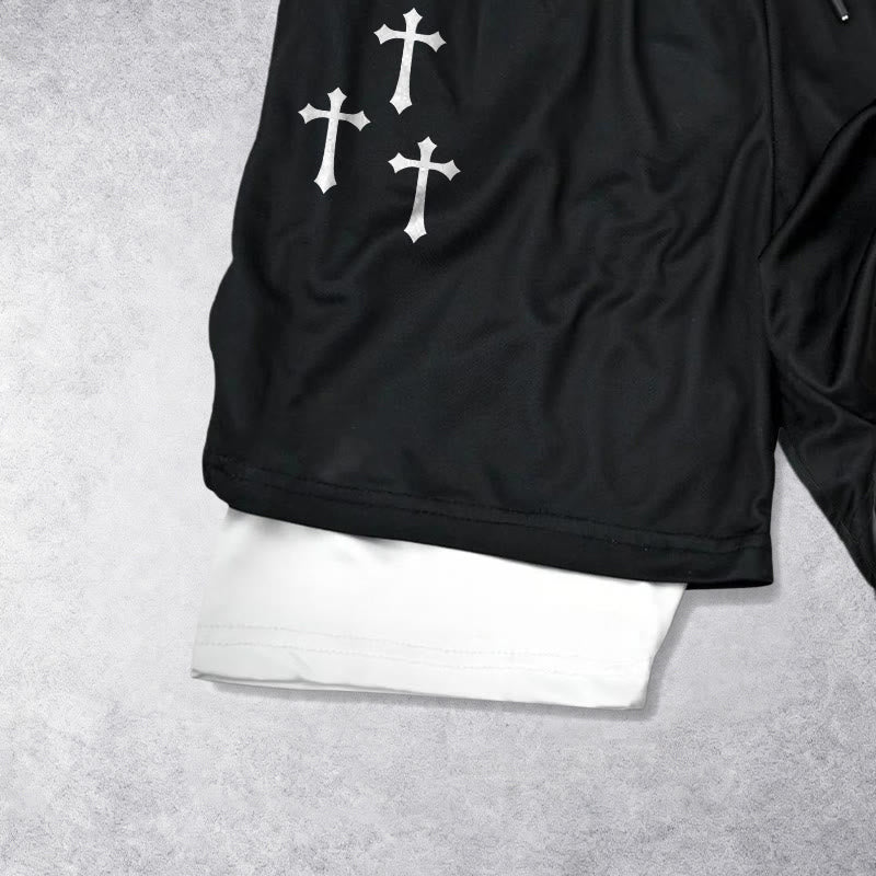 Christianartworkshop Triple Cross Outer Cherub Angel Sculpture Inner Two-Layer Drawstring Faith Shorts