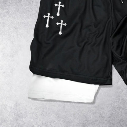 Christianartworkshop Triple Cross Outer Cherub Angel Sculpture Inner Two-Layer Drawstring Faith Shorts