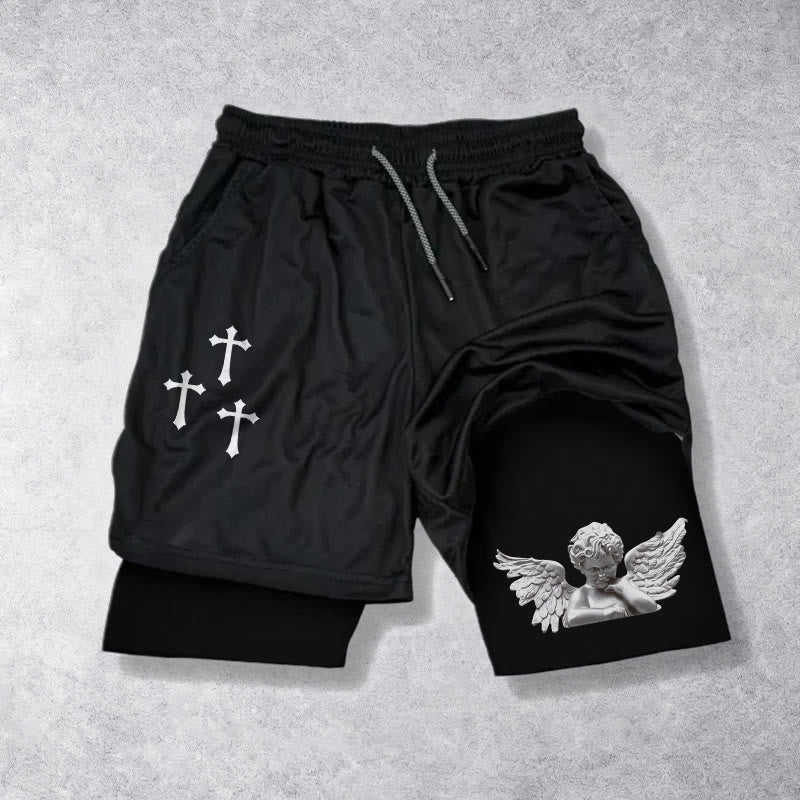 Christianartworkshop Triple Cross Outer Cherub Angel Sculpture Inner Two-Layer Drawstring Faith Shorts
