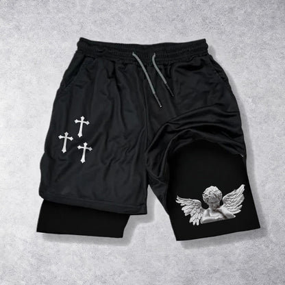 Christianartworkshop Triple Cross Outer Cherub Angel Sculpture Inner Two-Layer Drawstring Faith Shorts