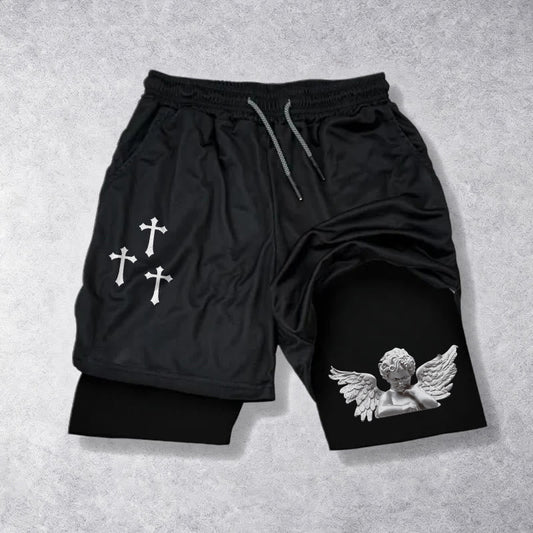 Christianartworkshop Triple Cross Outer Cherub Angel Sculpture Inner Two-Layer Drawstring Faith Shorts