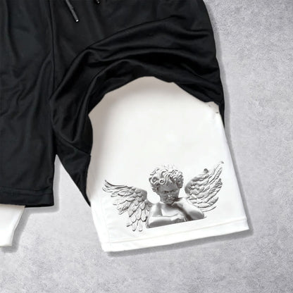 Christianartworkshop Triple Cross Outer Cherub Angel Sculpture Inner Two-Layer Drawstring Faith Shorts