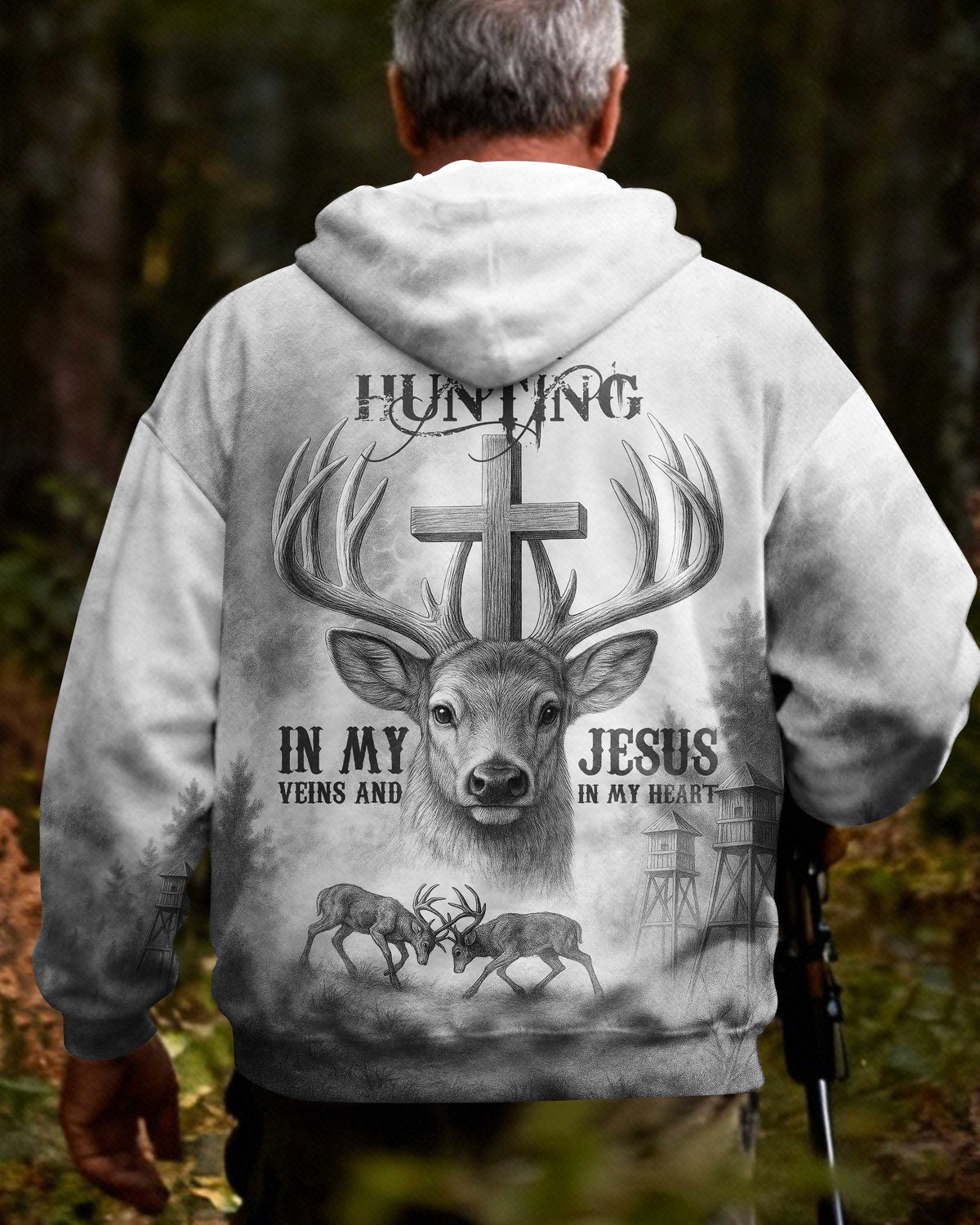 I've Got Hunting In My Veins And Jesus In My Heart All Over Print Grey T-Shirt
