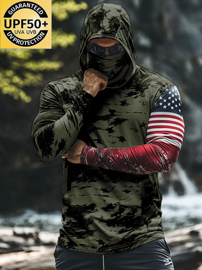 Men's Outdoor Sun Protection Breathable Cool Mask American Flag Print Hooded Sun Protection Long Sleeve Top