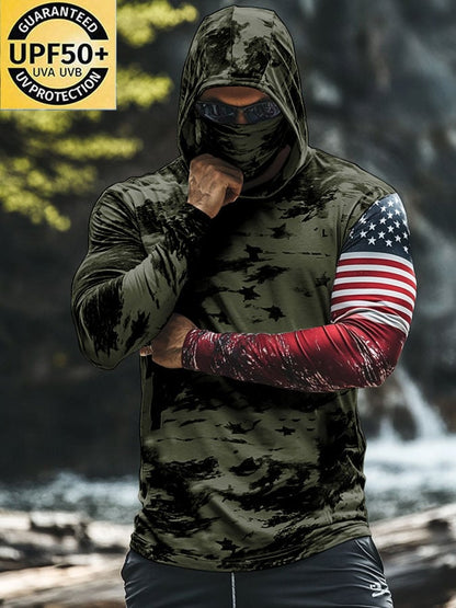 Men's Outdoor Sun Protection Breathable Cool Mask American Flag Print Hooded Sun Protection Long Sleeve Top