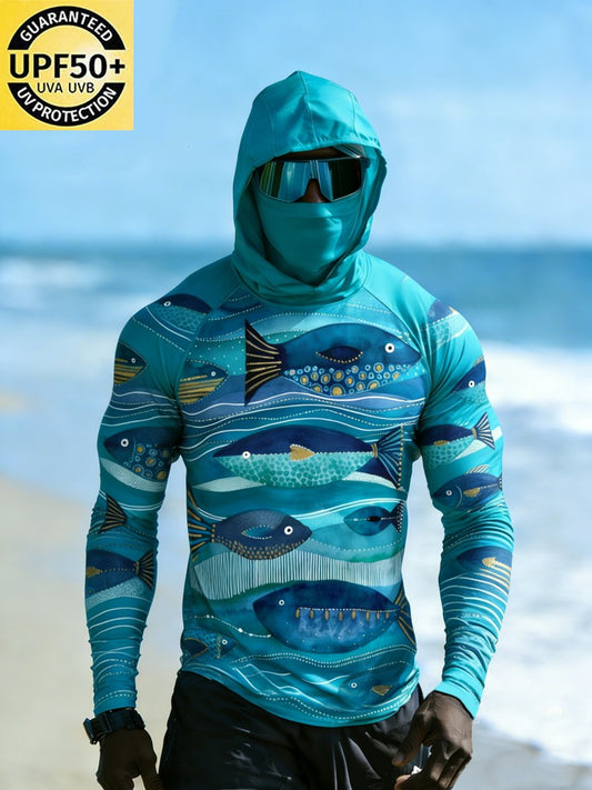 Men's Outdoor Sun Protection Breathable Cool Face Mask Hooded Printed Long-Sleeved Top