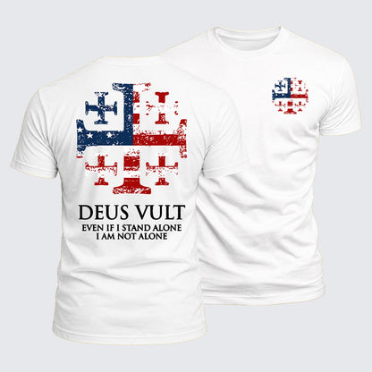 Luxe Mercerized Cotton Tee - Deus Vult Jerusalem Cross Usa Flag Even If I Stand Alone, I Am Not Alone