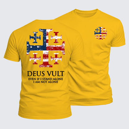 Luxe Mercerized Cotton Tee - Deus Vult Jerusalem Cross Usa Flag Even If I Stand Alone, I Am Not Alone