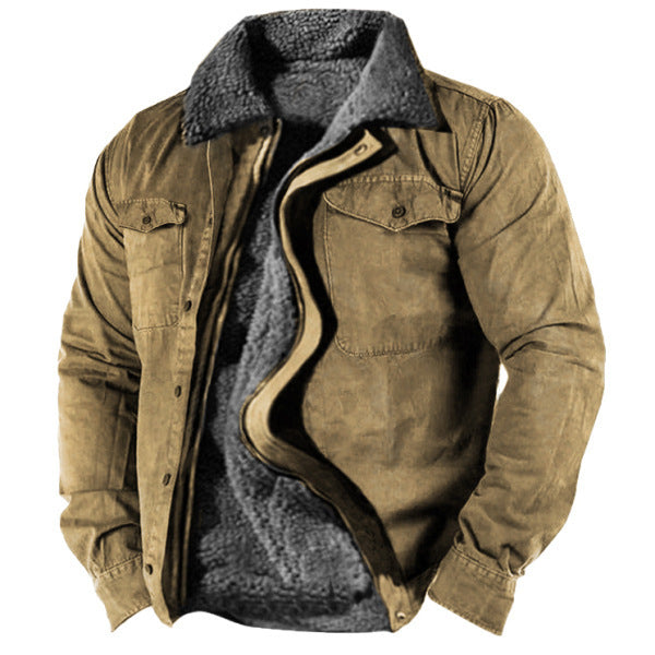 Men's Warm Coat Retro Fleece Cotton Solid Color Lapel Coat Jacket