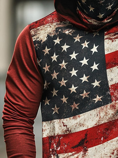 Men's Outdoor Sun Protection Breathable Cool Mask American Flag Print Hooded Sun Protection Long Sleeve Top
