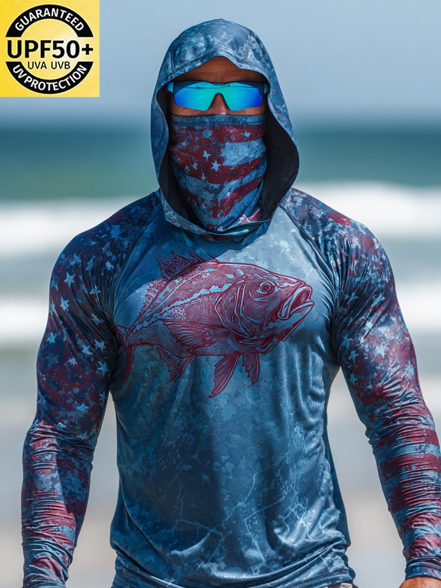 Men's Outdoor Sun Protection Breathable Cool Face Mask Hooded Printed Long-Sleeved Top