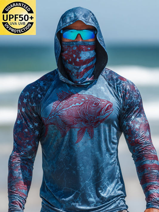 Men's Outdoor Sun Protection Breathable Cool Face Mask Hooded Printed Long-Sleeved Top