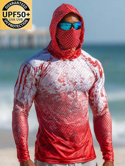 Men's Outdoor Sun Protection Breathable Cool Face Mask Hooded Printed Long-Sleeved Top