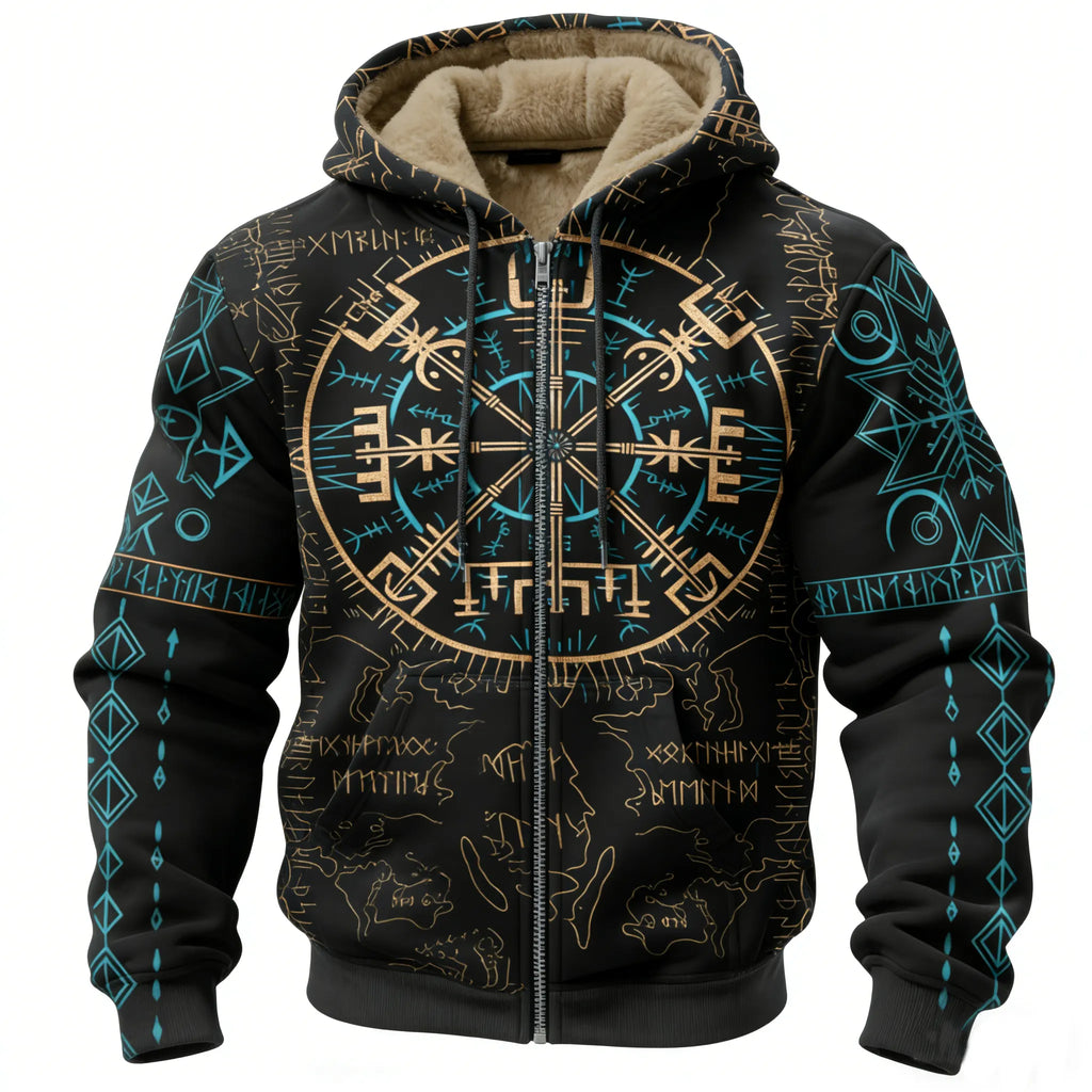 Nordic Viking Style Rune Casual Long-Sleeve Warm Fleece Hoodie