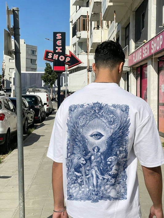 All Seeing Eye Winged Lion Goddess Blue Vintage Line Art Printed Men's T-shirt