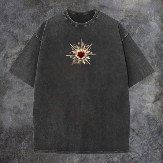 Praying Virgin Mary Mountain Printed Men's Washed Tee