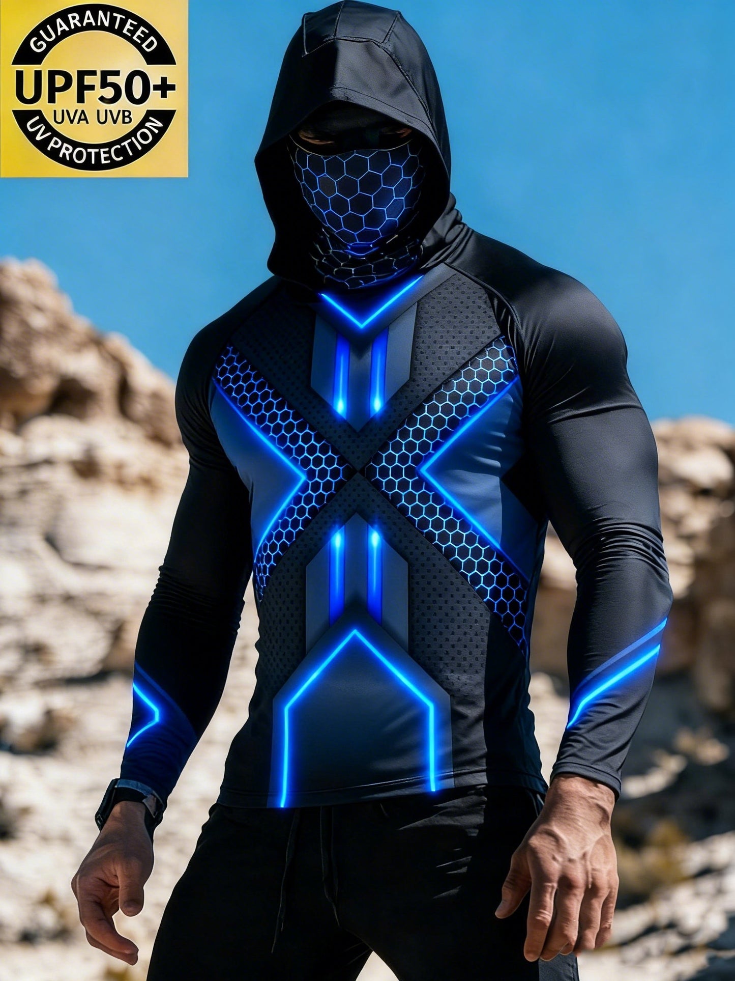 Men's Cyber Black Hexagon Blue Neon Sun Protection Print Top