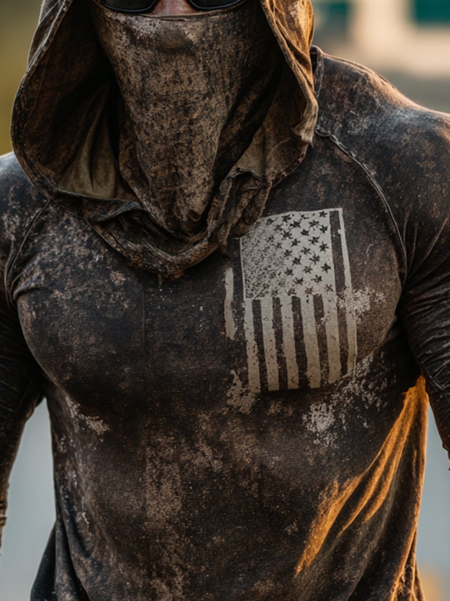 Men's Retro Flag Print Outdoor Sun Protection Breathable Cooling Mask Hooded Sun Protection Long Sleeve Top