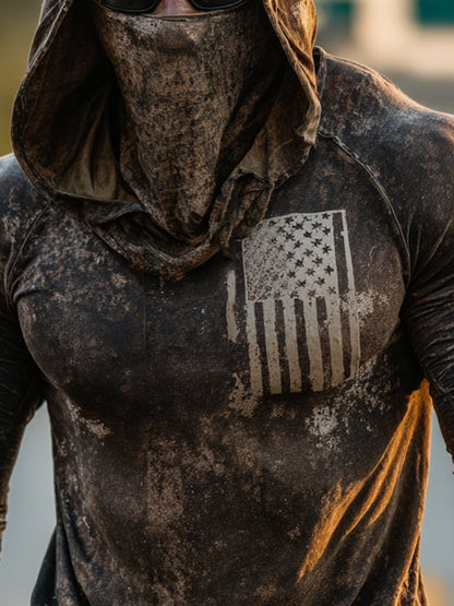 Men's Retro Flag Print Outdoor Sun Protection Breathable Cooling Mask Hooded Sun Protection Long Sleeve Top