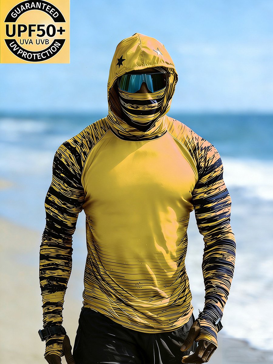 Men's Outdoor Sun Protection Breathable Cool Face Mask Hooded Printed Long-Sleeved Top