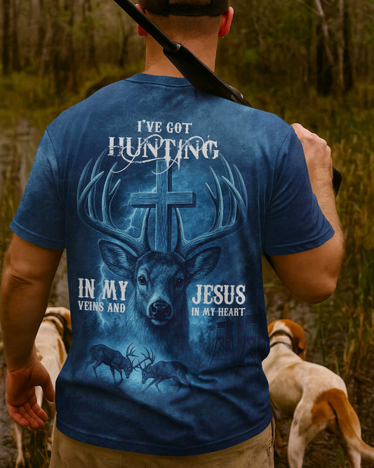 I've Got Hunting In My Veins And Jesus In My Heart Blue T-Shirt