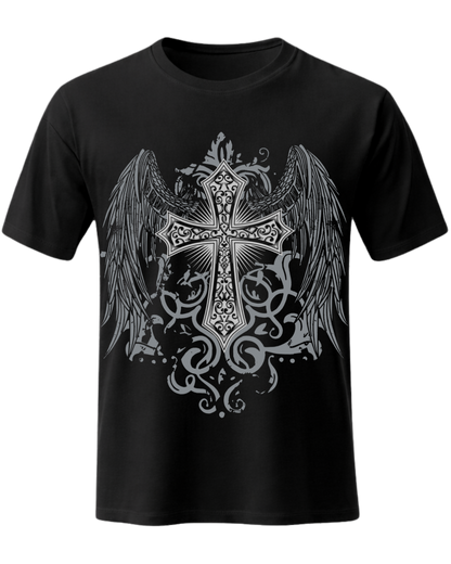 Gothic Angel Wings Cross Graphic Men's Unisex Streetwear T-Shirt