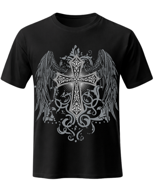 Gothic Angel Wings Cross Graphic Men's Unisex Streetwear T-Shirt
