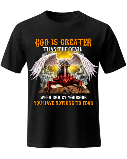 GOD IS GREATER THAN THE DEVIL WITH GOD BY YOURSIDE YOU HAVE NOTHING TO FEAR V-Neck T-Shirt