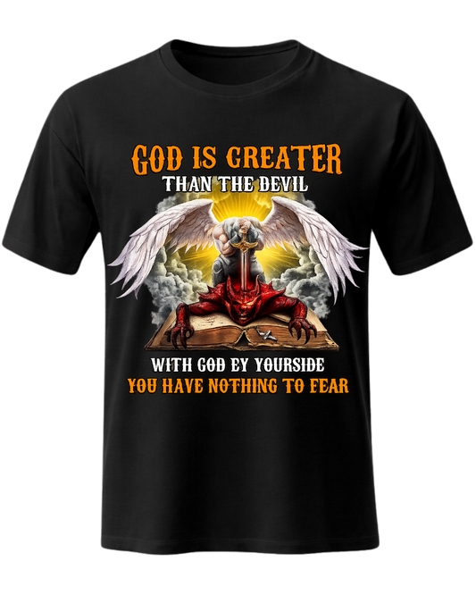 GOD IS GREATER THAN THE DEVIL WITH GOD BY YOURSIDE YOU HAVE NOTHING TO FEAR V-Neck T-Shirt
