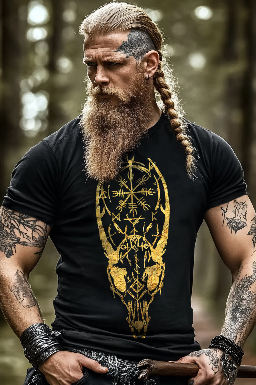 Viking mysterious totem compass sheep bone rune tattoo design pattern short sleeve top