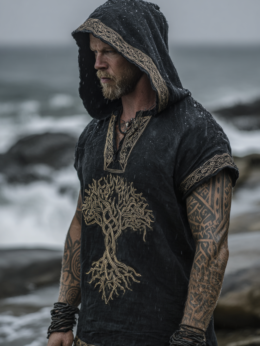 Men's Viking Inspired Golden Rune Tree Of Life Short Sleeve Hoodie