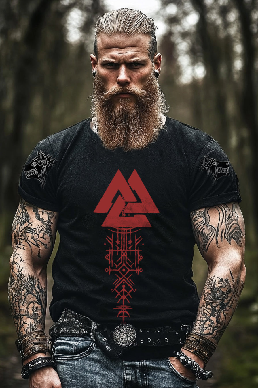 Viking Guardian Triangle Wolf King Mysterious Totem Design Tattoo Pattern Short Sleeve Top