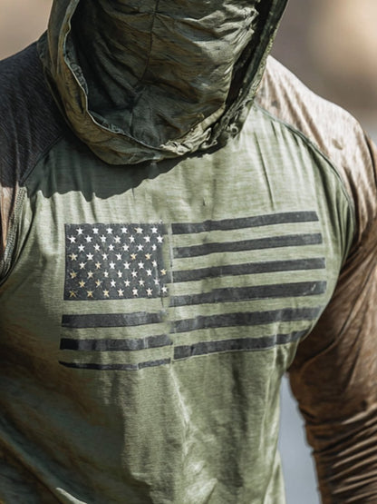 Men's Outdoor Sun-Protective Breathable and Cooling Long Sleeve Hoodie with Flag Print