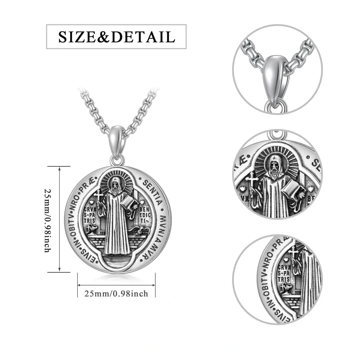 Sterling Silver Round Saint Benedict Pendant Necklace for Men