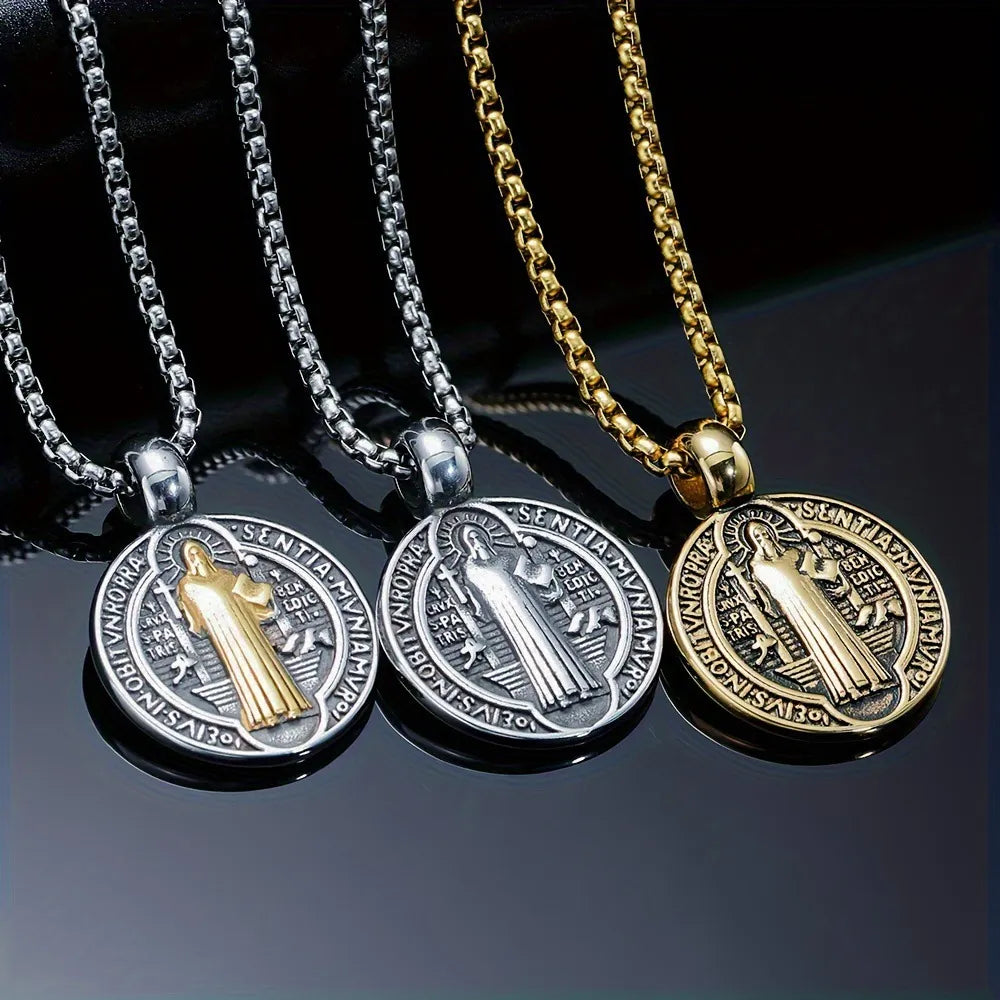 Sterling Silver Round Saint Benedict Pendant Necklace for Men
