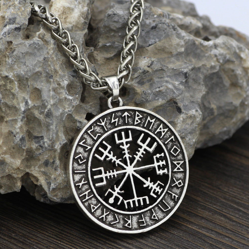 Nordic Viking Runavin Odin Logo Compass Pendant Necklace Men's Trendy Jewelry Long Style