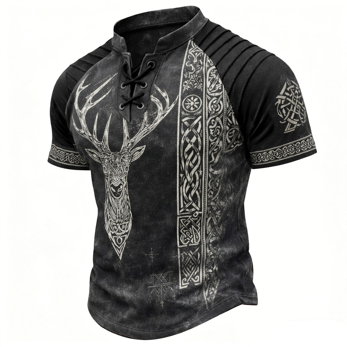Men's Viking Deer Head Print Henley T-Shirt - Vintage Lace-Up Short Sleeve Top