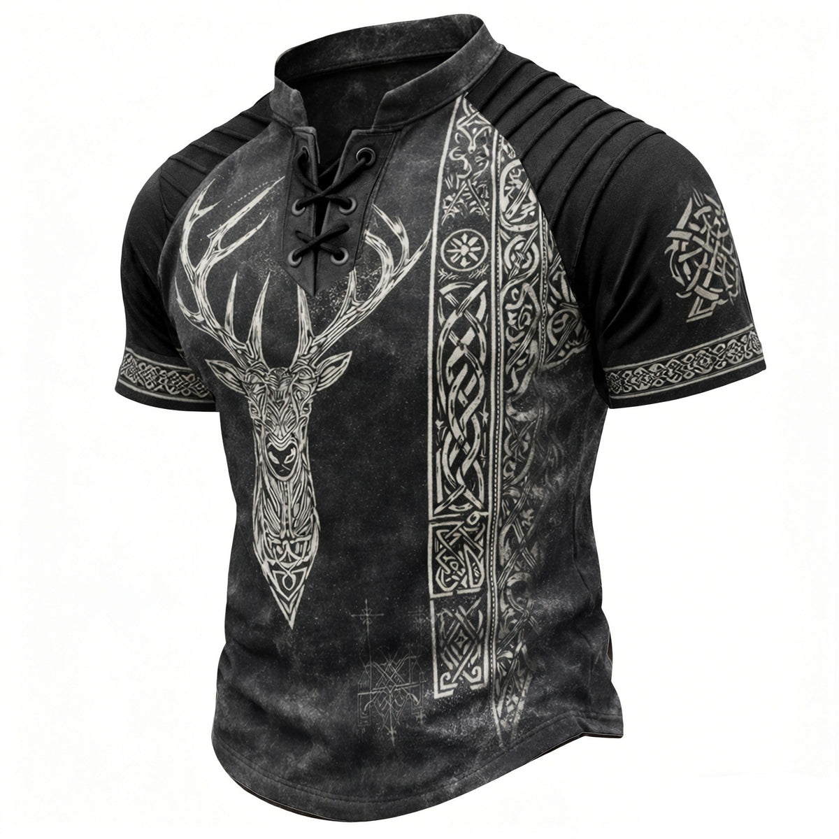 Men's Viking Deer Head Print Henley T-Shirt - Vintage Lace-Up Short Sleeve Top