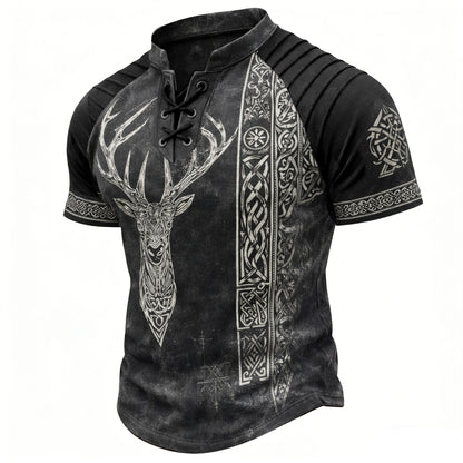 Men's Viking Deer Head Print Henley T-Shirt - Vintage Lace-Up Short Sleeve Top
