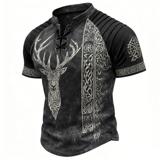 Men's Viking Deer Head Print Henley T-Shirt - Vintage Lace-Up Short Sleeve Top