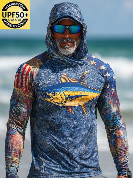 Men's Outdoor Sun Protection Breathable Cool Face Mask Hooded Printed Long-Sleeved Top