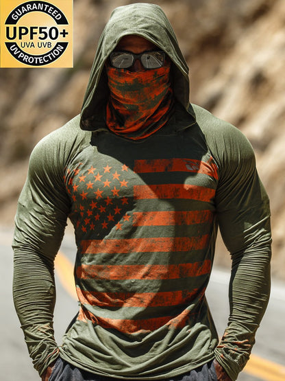 Men's Outdoor Sun-Protective Breathable and Cooling Long Sleeve Hoodie with Flag Print