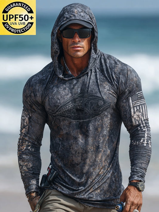 Men's Outdoor Sun Protection Breathable Cool Face Mask Hooded Printed Long-Sleeved Top